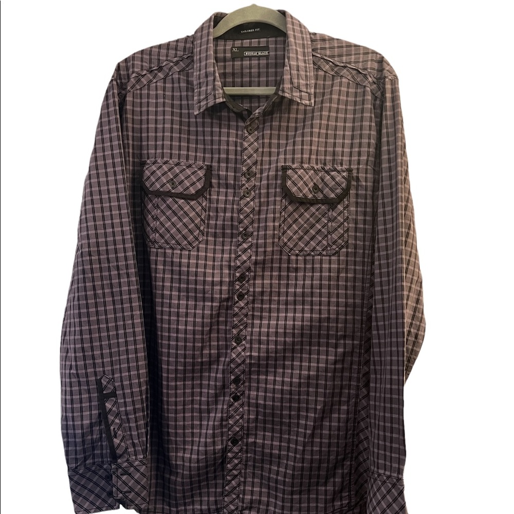 Men’s Buckle Black Button Down Dress Shirt- Size XL Fitted